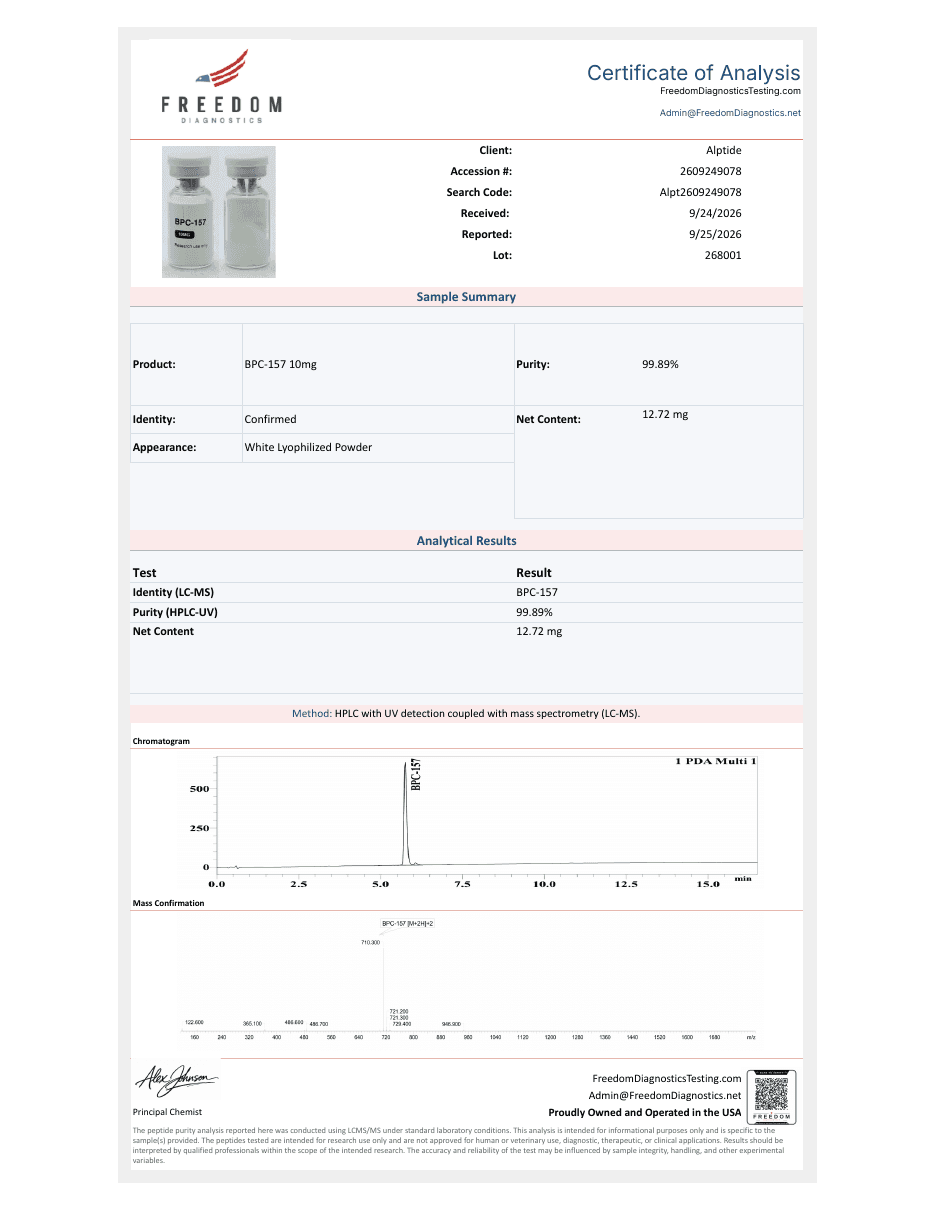 Analysezertifikat – BPC-157, Charge 268001, Freedom Diagnostics