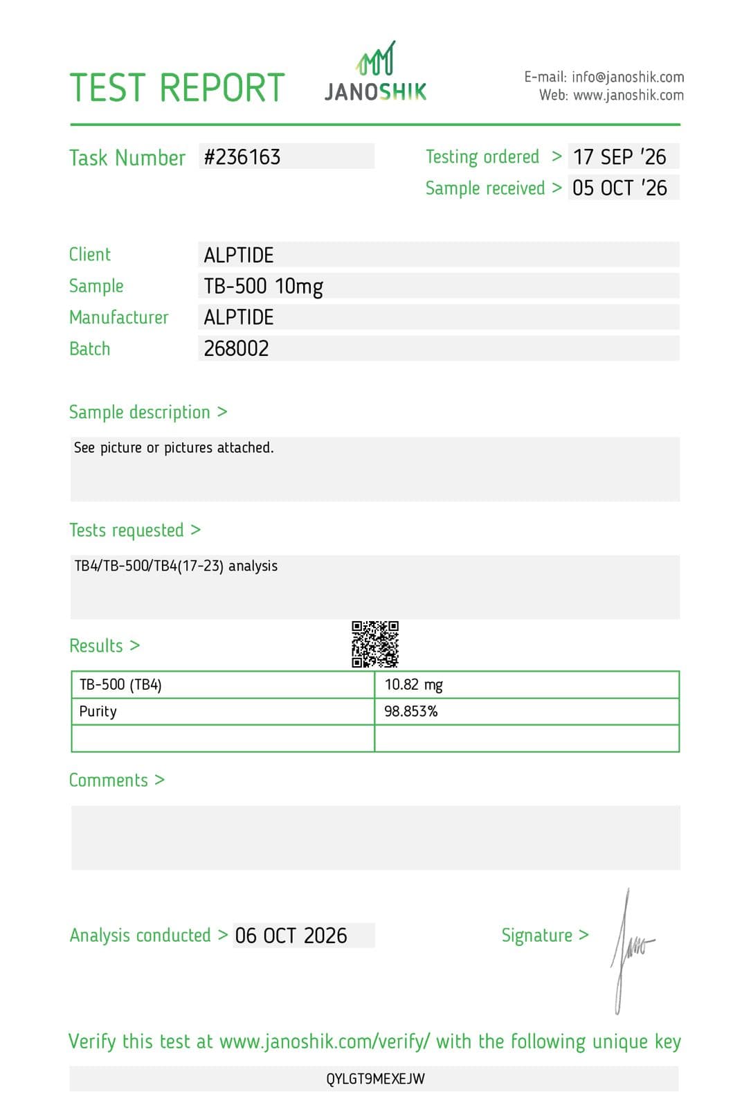 Analysezertifikat – TB-500, Charge 268002, Janoshik Analytical