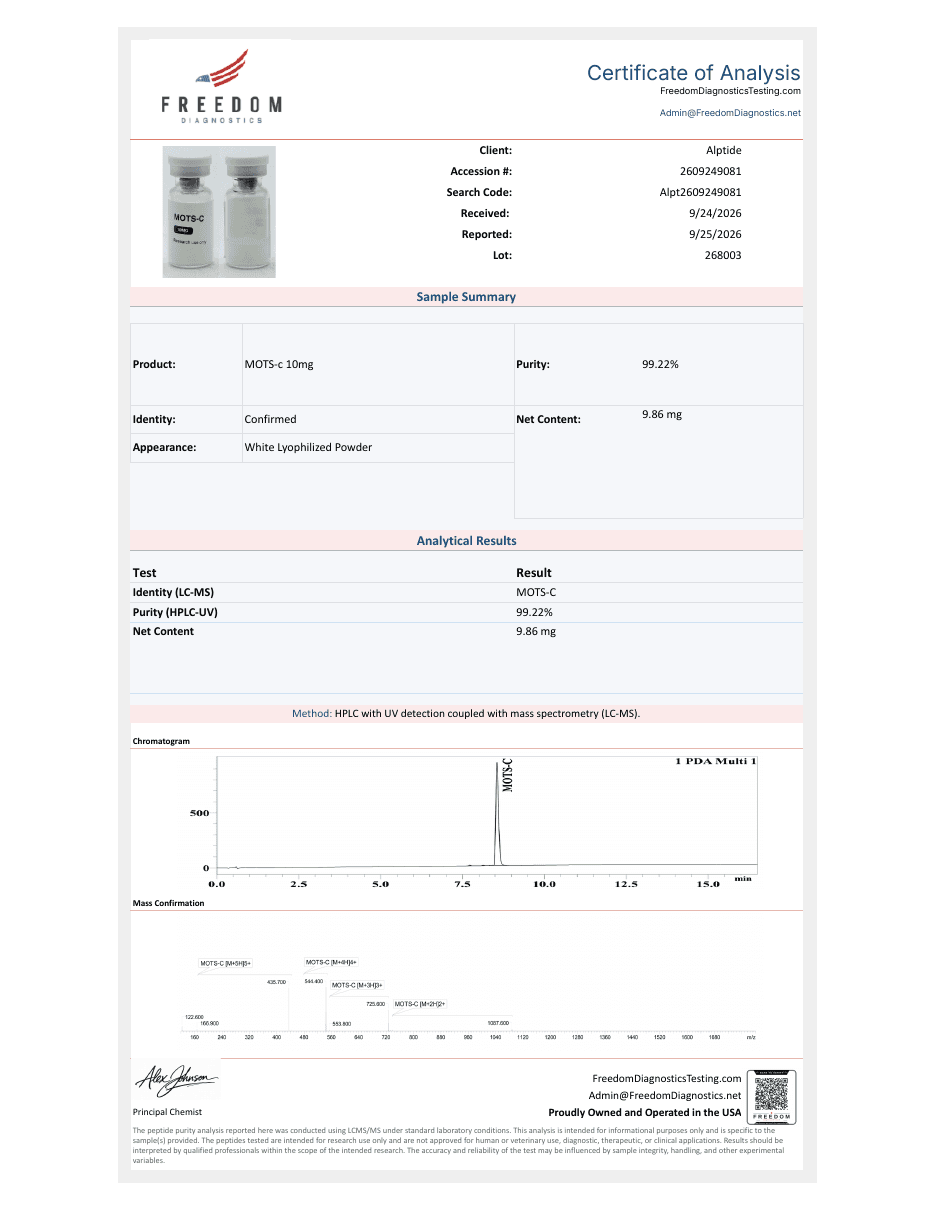 Analysezertifikat – MOTS-c, Charge 268003, Freedom Diagnostics