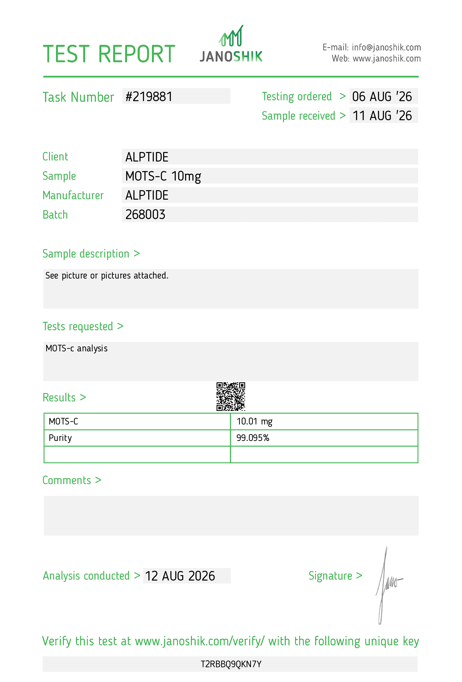 Analysezertifikat – MOTS-c, Charge 268003, Janoshik Analytical