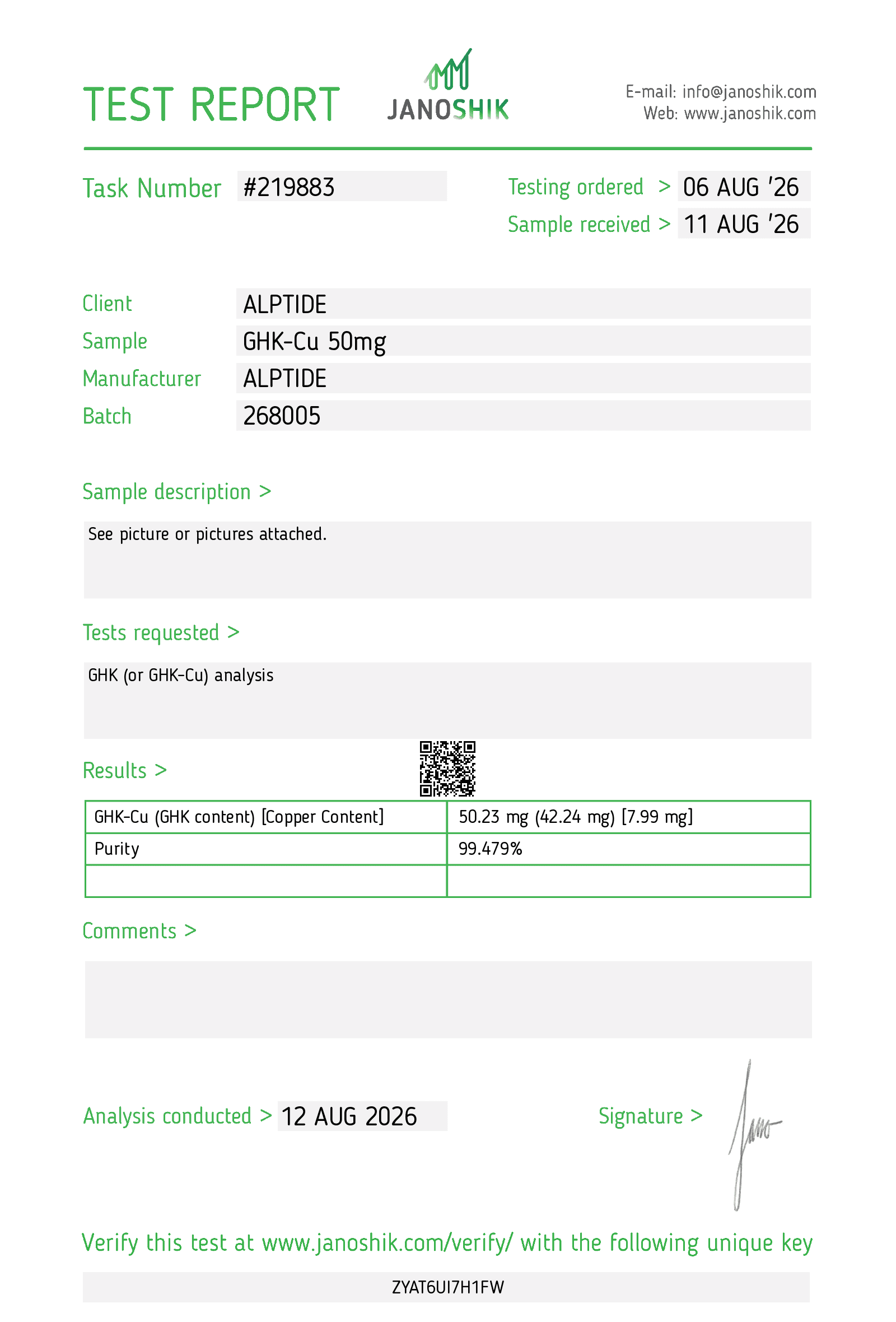 Analysezertifikat – GHK-Cu, Charge 268005, Janoshik Analytical