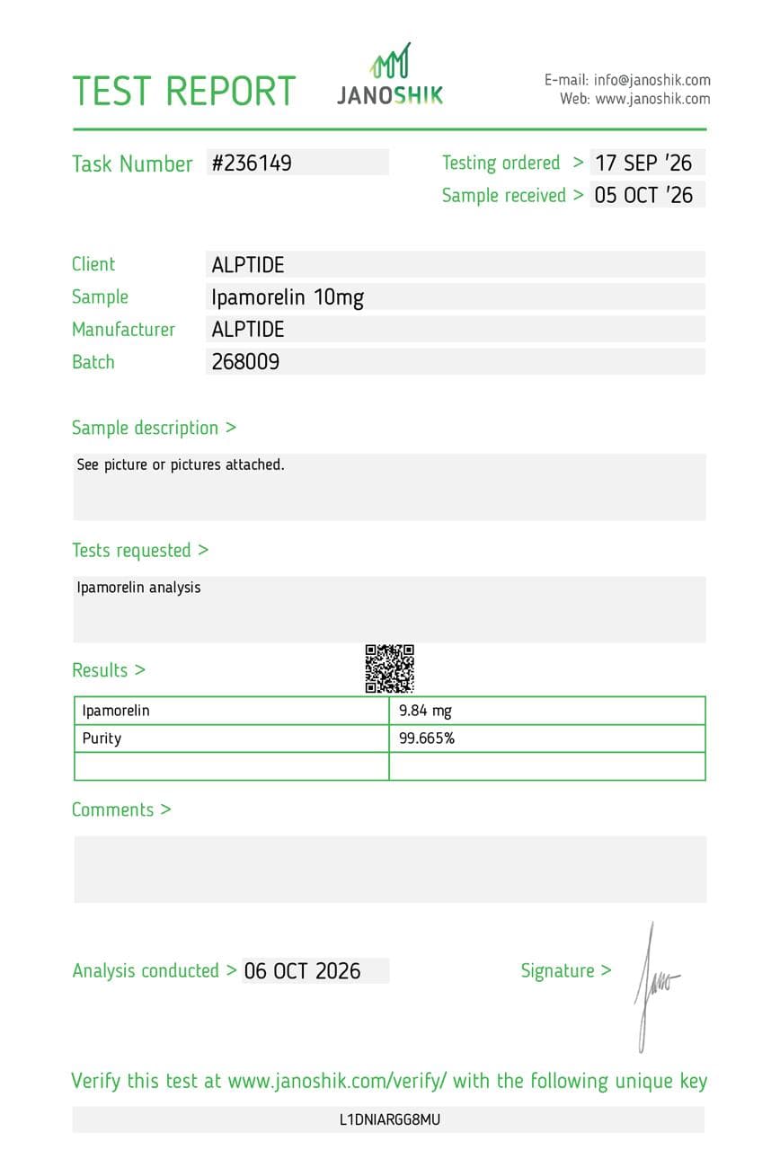 Analysezertifikat – Ipamorelin, Charge 268009, Janoshik Analytical