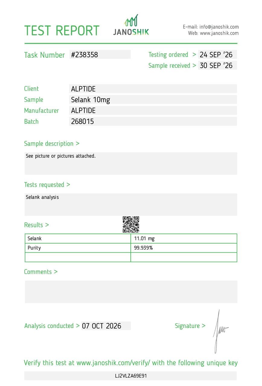 Analysezertifikat – Selank, Charge 268015, Janoshik Analytical