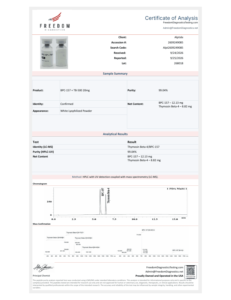 Analysezertifikat – BPC-157 + TB-500, Charge 268018, Freedom Diagnostics