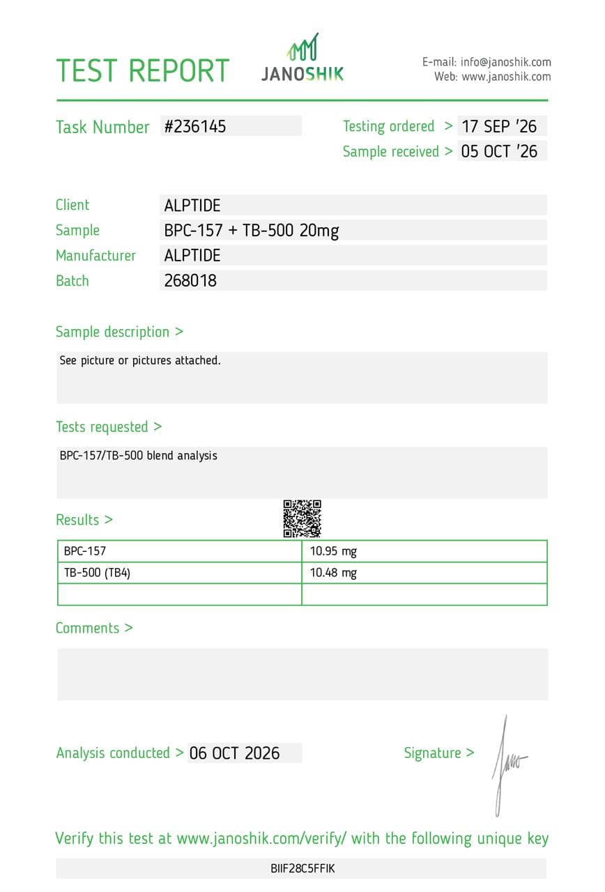 Analysezertifikat – BPC-157 + TB-500, Charge 268018, Janoshik Analytical